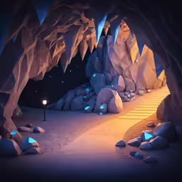 3d rendering of a rocky mountain tunnel at night