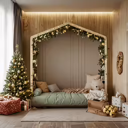 the christmas tree is decorated with garland and a green bed