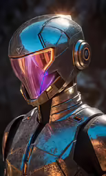 a futuristic man with a glowing helmet standing next to a wall