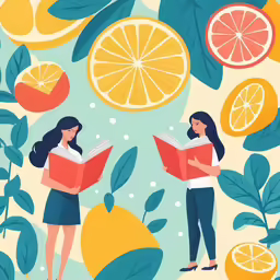 two women are standing next to an orange and lemon print