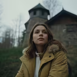 a girl sitting in front of an old stone building