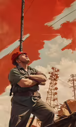 a man wearing glasses standing on top of a metal pole