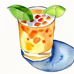 a drink with lime and garnish and salt watercolor,a watercolor sketch of a drink with lime, red chili and beans on top