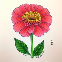 the picture has been drawn with colored pencils,a drawing of a large red flower with two green leaves,a drawing of a flower with a large center flower,a flower with a green stem on it,a drawing with colored markers of a flower on paper