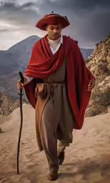 a man is walking down the desert path wearing a red cape