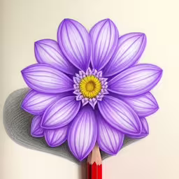 this is the drawing i have for a coloring book of a flower,pencils point at a drawing with an image of a purple flower on the paper,a pencil and the bottom half of the drawing shows a large purple flower with a yellow center surrounded by purple petals,the pencil drawing shows a purple flower with a yellow center,a pencil and a drawing of a purple flower