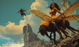 a female in a yellow dress riding a horse