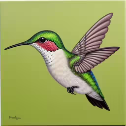 the bird is painting very colorful and humming,a colorful bird sitting on top of a green surface