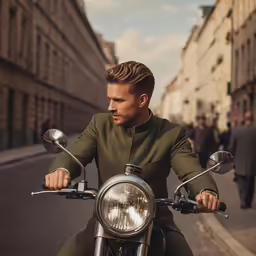 a man riding a motorcycle next to other men in front of buildings