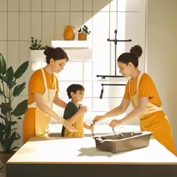 two people in yellow aprons and a child with spoon