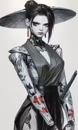 an alien woman wearing a gray suit holding a knife