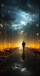 a man is walking through the street at night