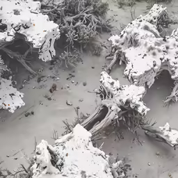 a snow covered ground with a tree stump laying on it