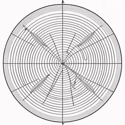 a drawing of a circular object with arrows pointing in the center,a circular drawing in a circle with four crosses on it,an object that looks like a spinning disk is shown in black and white,a circular metal fan with a long wire in the center,a drawing of a circular, pointy design with lines in it