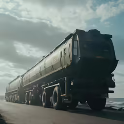 a black and green tanker train driving down a street