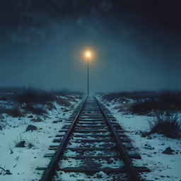 the tracks in the middle of the snow are lit by street lights