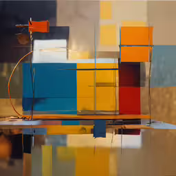 a series of paintings consisting of squares with colored lines,a mirror view of a multicolored room with light in it