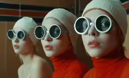 three identical dolls wearing sun glasses and hats