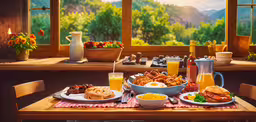 a table with food and drinks is set up in front of the windows,a table full of breakfast foods with drinks