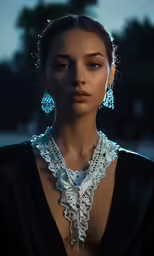 a woman is dressed in black clothing with large earrings and necklace