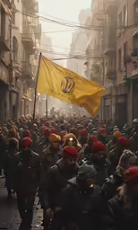 people are marching down a crowded city street