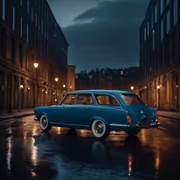 the older station wagon is parked in the rain