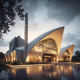a modern building that has its lights on