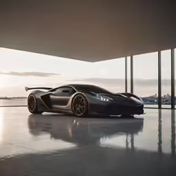 an all black car parked inside of a building
