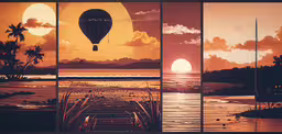 four different photographs of hot air balloons over the ocean,four different images, all with an orange sky