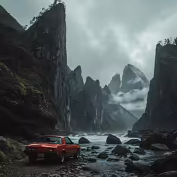 a classic red sports car on rocks in a mountain stream