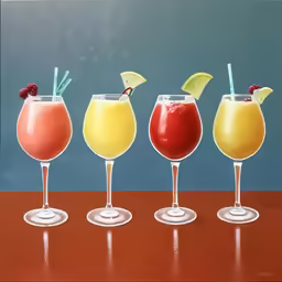 four glasses filled with different drinks sitting on a table