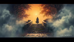a person walking down stairs with mist and sun