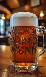 a mug of beer on top of a wooden table