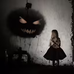 young girl in front of a spooked evil pumpkin