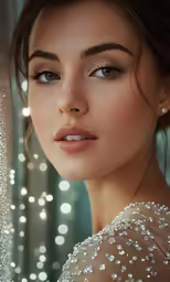a young woman wearing pearls with bright lighting