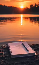 a notepad sits on the shore of a lake at sunset