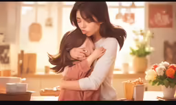 a mother and daughter hug each other in the kitchen
