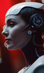 a futuristic woman with headphones standing in front of a red background