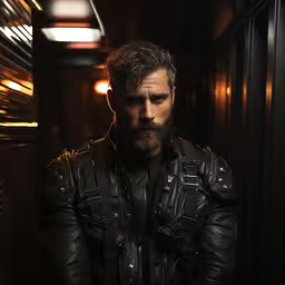 a man with long hair wearing a black jacket,the man is wearing leather jacket and is staring into the distance