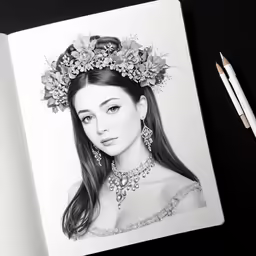 a drawing of a woman wearing a tiara and necklace