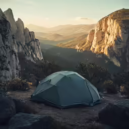 tent pitched up with mountains in background