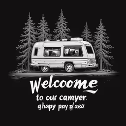 the back of a camper and trees with the words welcome to our camper, a happy pay deal