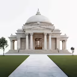 a 3d image of a white building with arches on the side of the building