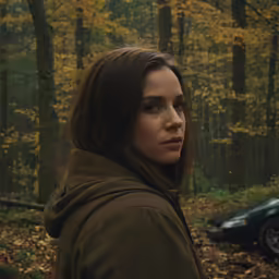 a woman standing in front of a forest next to a forest filled with trees