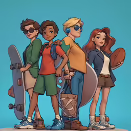 four cartoon characters standing next to each other