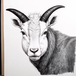 a drawing of a goat with long horns