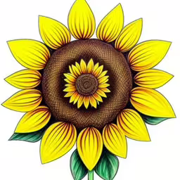 a drawing of a sunflower with leaves on top of it,a sunflower drawing with a white background