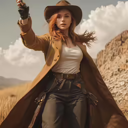 a young girl in a long coat and hat holding a gun in her hand