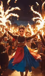 a woman dancing with torches behind her