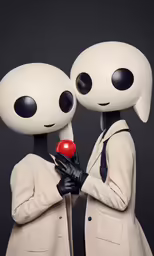 two weird looking faces holding onto a red ball